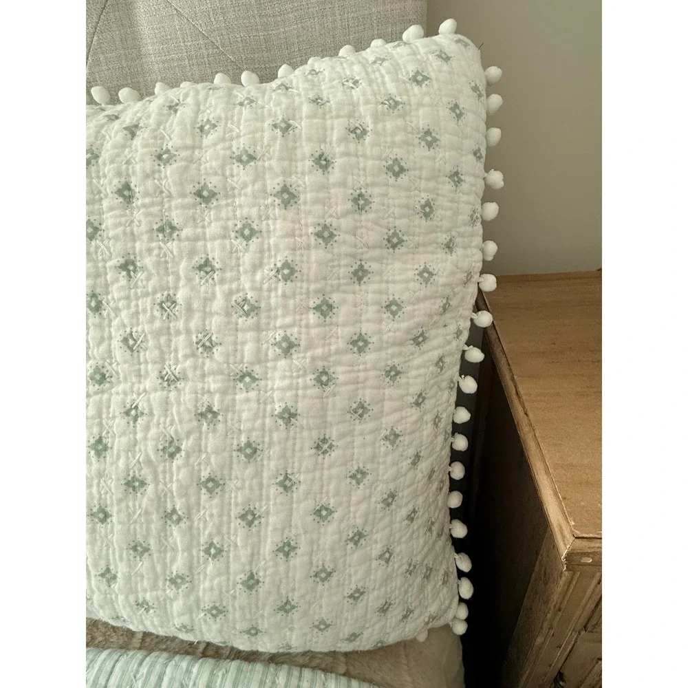 Boho Quilted King Bedding Set White Sage Green Pom Pom Trim Quilt 2 Shams